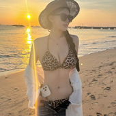 网红博主性感豹纹比基尼系带三点式 小胸聚拢辣妹海岛度假游泳衣女