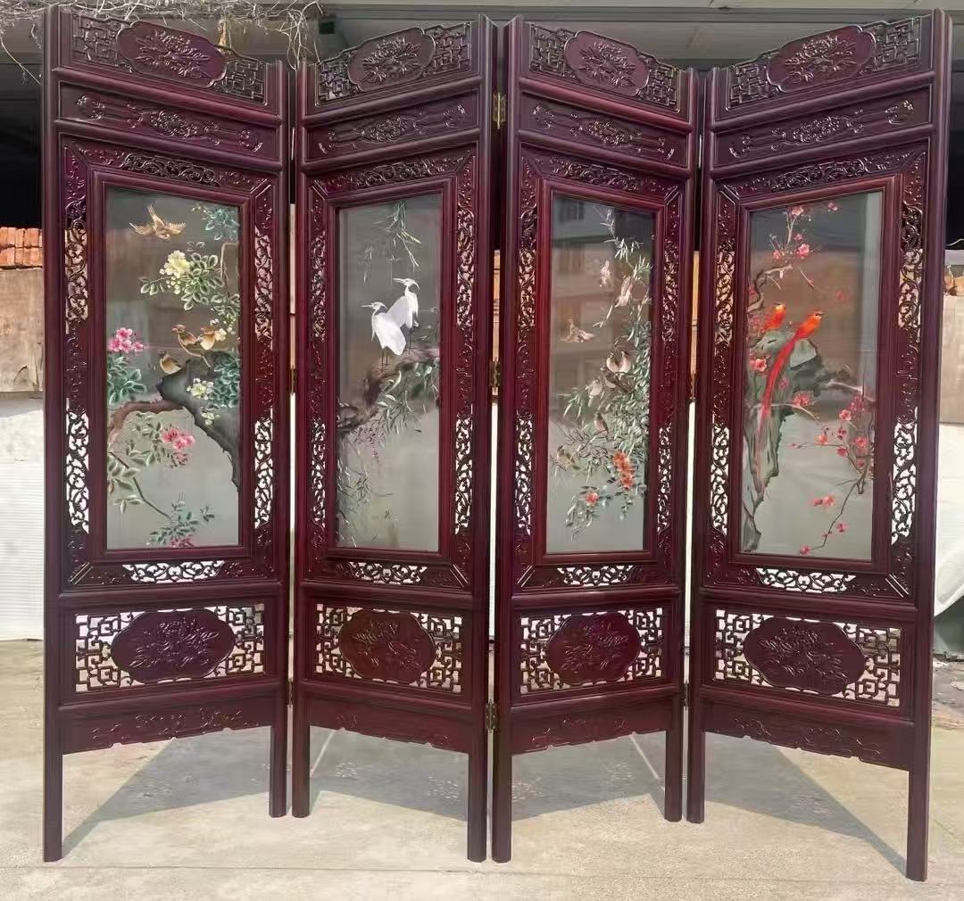 大美手工苏绣花鸟折屏双面绣落地屏风花梨木雕花框高205乘240厘米