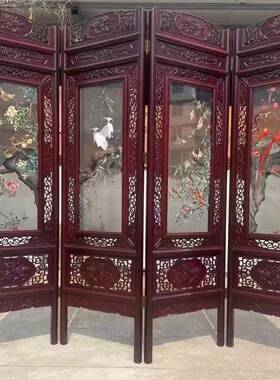 大美手工苏绣花鸟折屏双面绣落地屏风花梨木雕花框高205乘240厘米