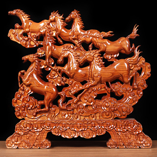 天御阁桃木摆件天然原木雕刻八骏图生肖马工艺品客厅办公室装饰品