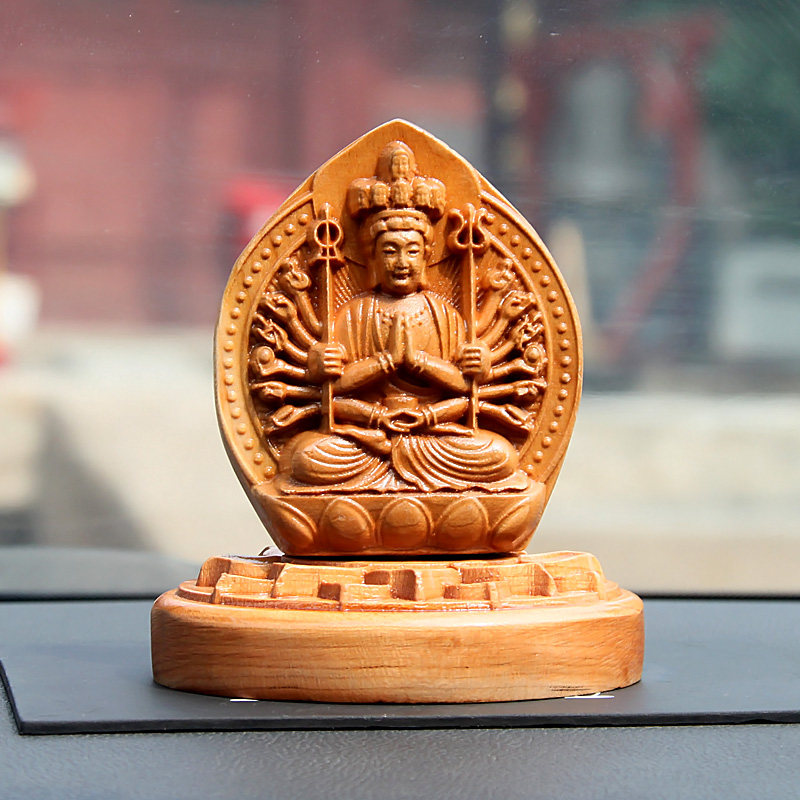 桃木汽车摆件创意高档车内中控台装饰品属鼠本命佛千手观音菩萨像