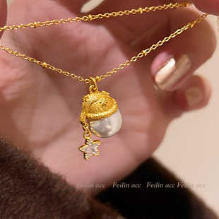 纯银拉丝圣诞帽珍珠长款 高级感小香风毛衣链 吊坠项链女士2025新款