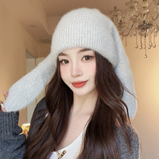 兔耳朵帽子针织护耳帽女款秋冬显脸小保暖百搭毛线包头帽2026新款