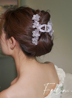 紫色水晶花朵抓夹女法式复古高级感发夹低马尾后脑勺半扎发鲨鱼夹