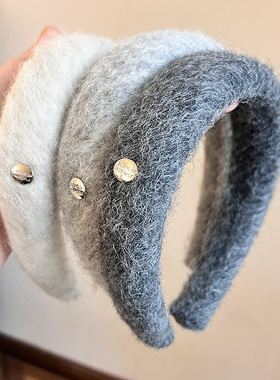 秋冬白色毛绒发箍女款高级感法式复古宽边灰色头箍高颅顶新款发卡