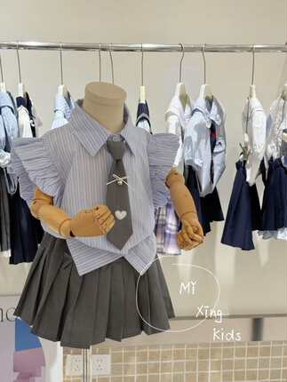 女童夏装套装2026新款儿童洋气时髦条纹衬衫中大童百褶裙两件套潮