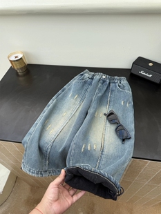 男童加绒牛仔裤秋冬中大童做旧破洞拼接阔腿裤儿童可束脚加厚长裤