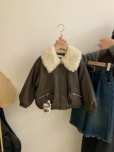 女童加绒皮衣外套冬季2025新款宝宝加厚皮夹克洋气儿童冬装棉衣服