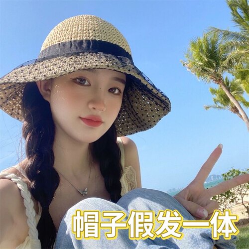 网纱蕾丝渔夫帽辫子假发帽子一体