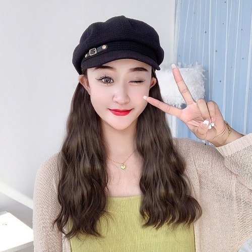 新款帽子假发一体卷发女时尚八角帽百搭洋气仿真发水波纹假发帽子