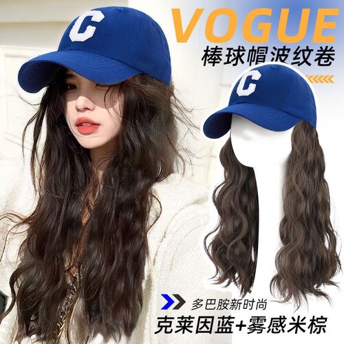 帽子假发一体时尚百搭字母C棒球帽自然仿真水波纹秋冬慵懒假发套