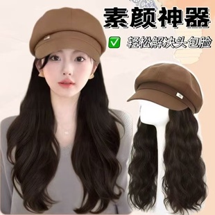 2025秋冬八角帽子假发一体女减龄长卷发锁骨发波波头复古假发帽子