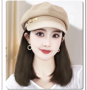 时尚齐肩锁骨假发帽子百搭皮扣八角帽帽子假发一体短内扣带帽假发