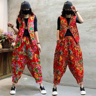 叫套装二奶奶新款卖广场舞同款舞蹈服东北大花布马甲跳舞表演服装