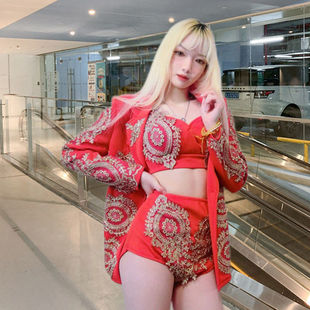 网红女歌手韩舞女团同款演出服DJ爵士舞蹈红色打歌服西服跳舞套装