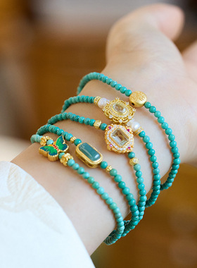 湖北原矿绿松手链女S925银镶蓝水翡翠细文玩手串闺蜜礼物