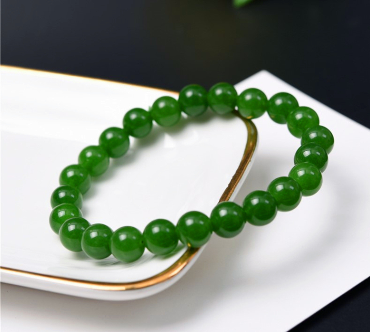 天然和田玉碧玉圆珠手链菠菜绿碧玉女款玉石手链手串手镯玉质油润