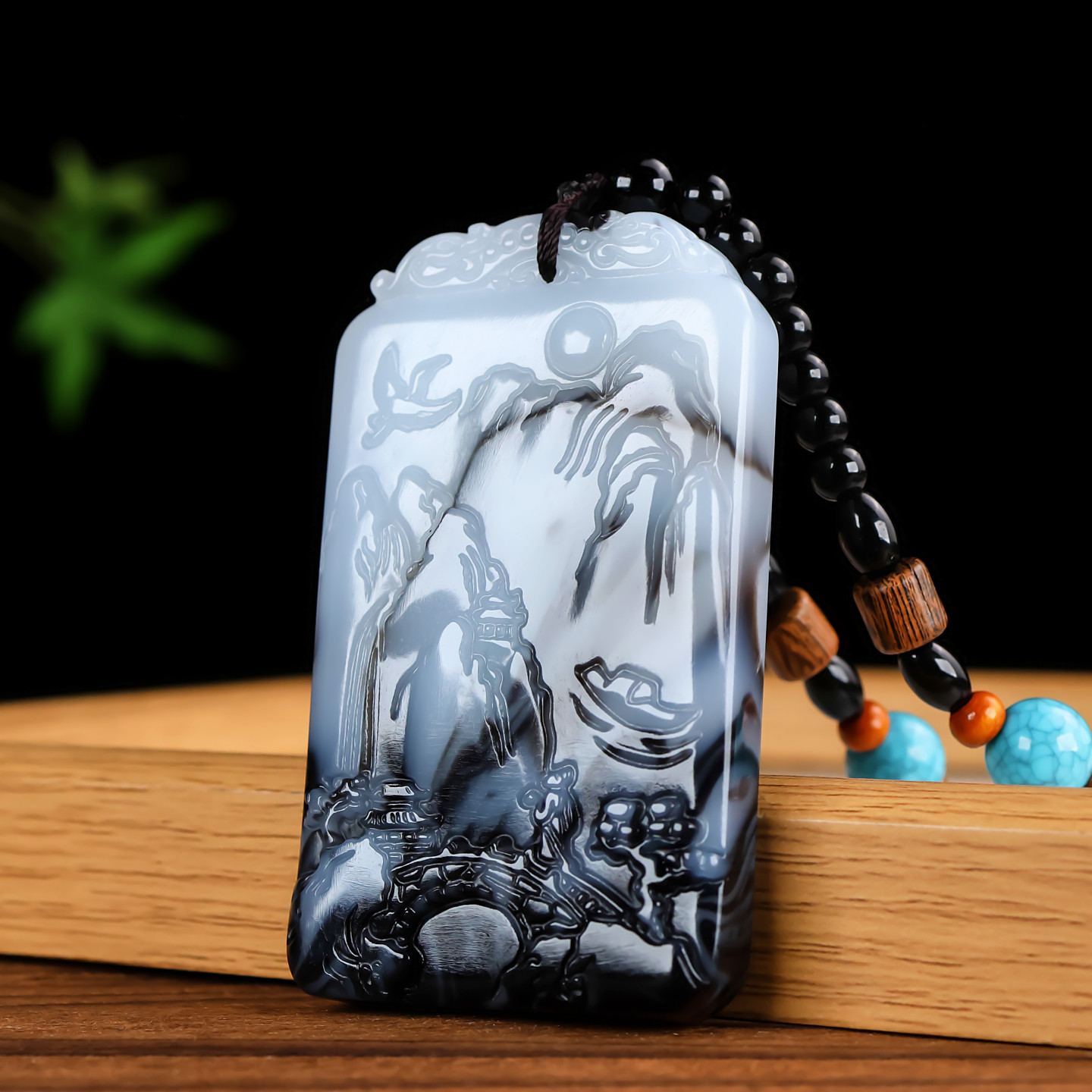 天然和田玉青花玉山水牌手把件大好河山大号平安牌挂件把玩件精雕