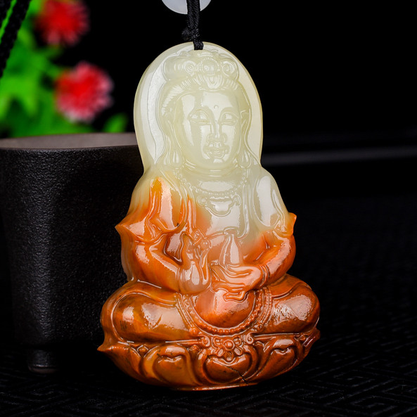 天然玉石和田玉青白玉籽料双面精雕观音吊坠挂件平安牌观音项链