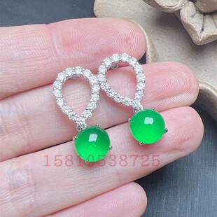 天然缅甸冰种翡翠帝王绿耳钉925银镶嵌女士时尚新款耳坠耳环