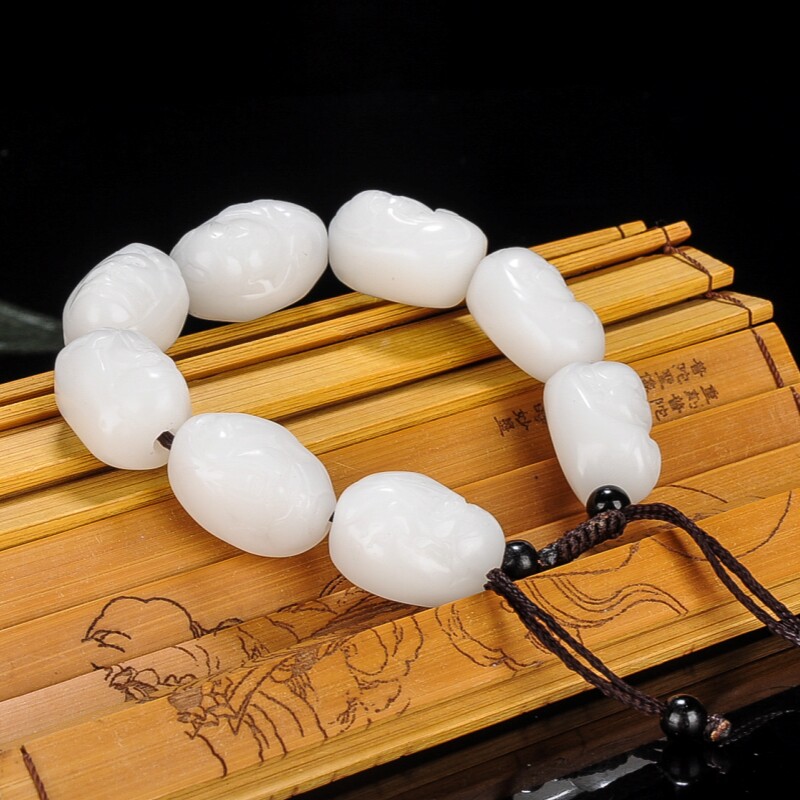 新疆和田白玉佛头手链男女款玉石手串天然玉石笑佛弥勒佛手镯