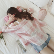 新款夏季小清新字母格子棉麻衬衫女中长款防晒衣长袖宽松<span class=H>开衫</span><span class=H>外套</span>