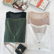 2017春装新款休闲宽松镂空V领针织衫女短款五分袖韩版薄毛衣<span class=H>开衫</span>