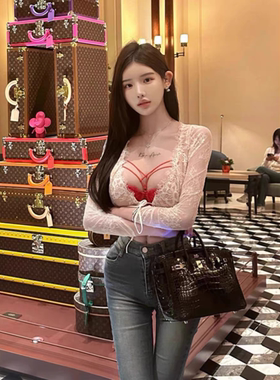 泰式性感露背v领薄透视系带蕾丝衫T恤女+红色交叉性感内衣内搭