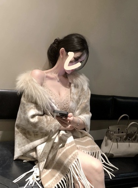 真狐狸毛【贵奢名媛】慵懒贵气毛毛领老花流苏披肩上衣外套女秋冬