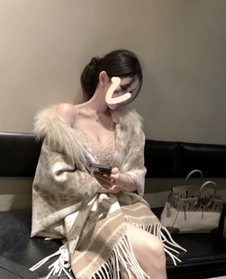 真狐狸毛【贵奢名媛】慵懒贵气毛毛领老花流苏披肩上衣外套女秋冬