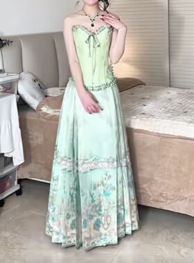 两件套价 春日绿色鱼骨修身抹胸外穿胸衣上衣背心+马面裙半身裙长