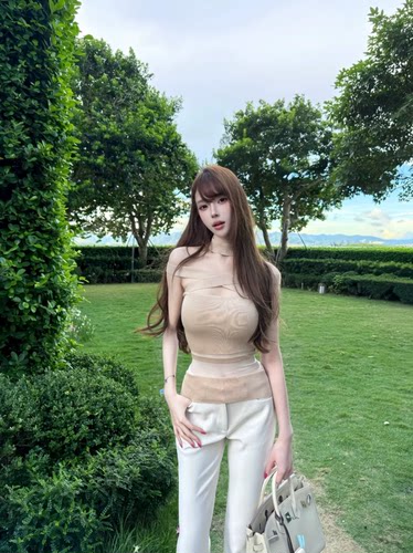 【Fart Shop】美神降临 杏色毛织拼接漏肩t恤女收腰性感气质上衣