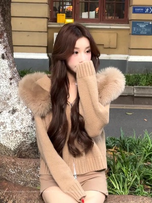 秋日奶茶～仿狐狸毛超大毛领针织毛衣连帽开衫皮草外套女短网红