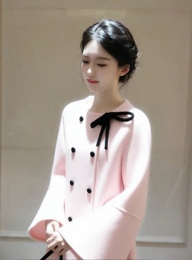 现货！富家千金感小香风厚短款呢子大衣超好看粉色毛呢外套女秋冬