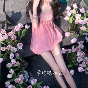 现货 重工流苏新中式刺绣连衣裙夏季挂脖吊带裙宽松少女短裙