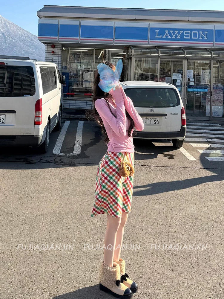 23%绵羊毛～miu系彩色格子半身裙女秋冬显瘦高腰五分裙A字中裙