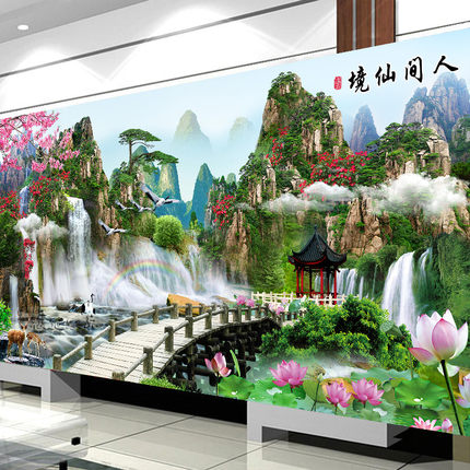 新款流水生财钻石画满钻风景画点钻十字绣客厅装饰画山水画钻石绣