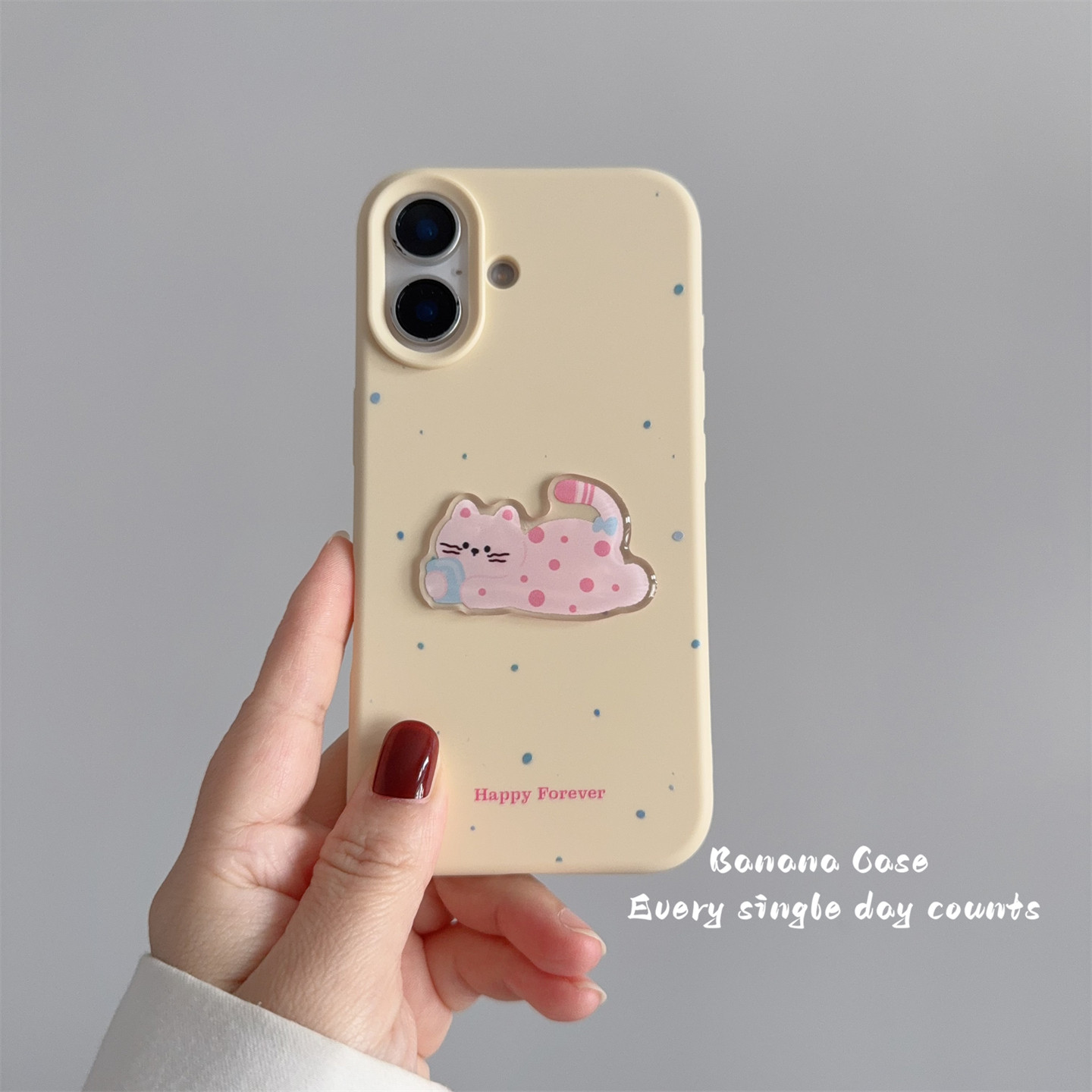 BananaCase韩国ins淡黄色泼墨立体粉色猫咪适用iPhone17promax苹果15pro手机壳14pro磨砂16pro新款13保护套16