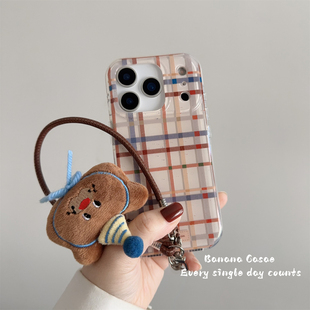 BananaCase秋冬ins简约撞色泼墨线条格纹适用17promax苹果16pro手机壳iPhone17手绳熊头挂件15pro硬壳14pro女