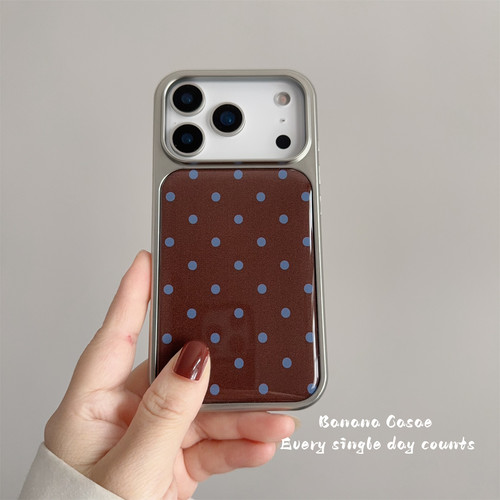 韩国ins复古棕底蓝波点银边硬壳