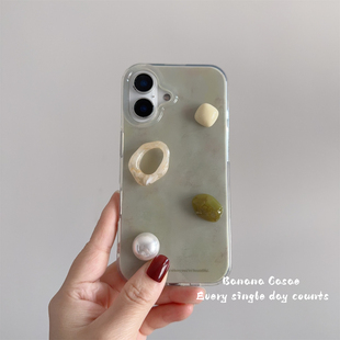 BananaCase高级感复古水墨石灰绿立体宝石适用17promax苹果16pro手机壳iPhone17防摔15pro简约13/14pro硬壳女