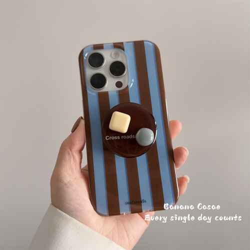 秋冬复古ins蓝棕条纹支架手机壳