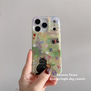 14pro保护套16 BananaCase小众ins清新涂鸦黑猫插画适用16promax苹果17pro手机壳iPhone17磨砂15promax防摔13