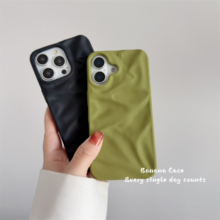 小众ins高级设计感立体纯色褶皱适用16promax苹果15pro手机壳iPhone13橄榄绿14promax简约黑色16磨砂保护套软
