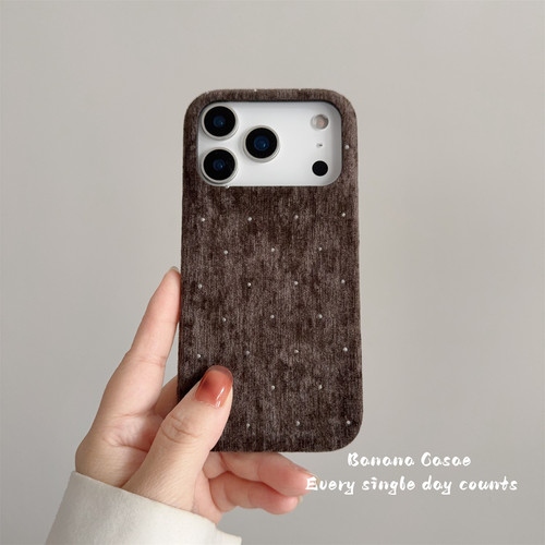 ins复古棕色满天星丝绒闪钻硬壳