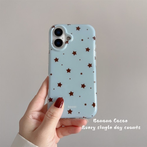 韩国ins小众奶蓝底棕色星星硬壳