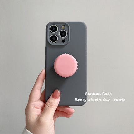 BananaCase韩国ins设计感粉色瓶盖支架适用15promax苹果14pro手机壳iPhone17水泥灰纯色12/16pro新款保护套13