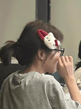 红色蝴蝶结KT猫头饰发圈发夹边夹子女后脑勺2025新款可爱卡通毛绒