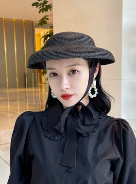 法式复古优雅赫本黑色系带麦秆草编小盆帽女夏季遮阳写真盆帽草帽