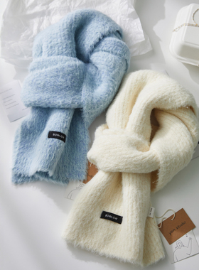 温柔软糯毛感仿貂绒含羊毛蓝色围巾女冬季加厚保暖百搭氛围感围脖